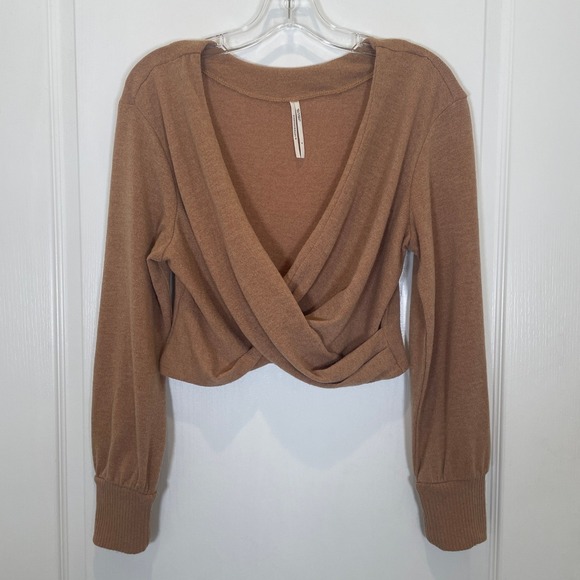 Anthropologie Twist Front V-Neck Crop Sweater Long Sleeve Camel Brown Neutral S - Picture 2 of 7